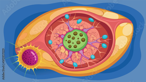 Detailed illustration of a cell structure with organelles and surrounding environment at a biological level