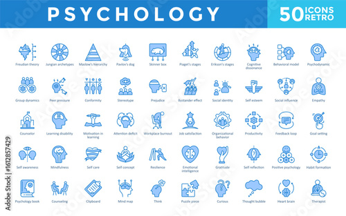 Psychology icons set with freudian theory, jungian archetypes, maslow's hierarchy, pavlov's dog, skinner box, piaget's stages, erikson's stages, cognitive dissonance icon. Simple retro vector 
