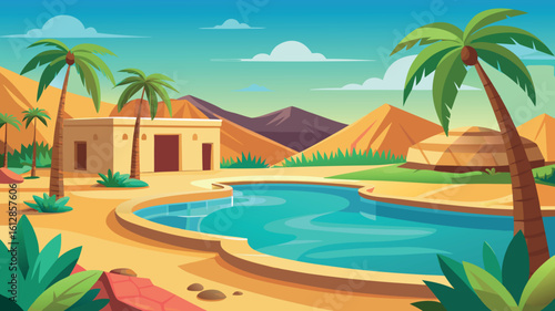Desert oasis with a tranquil pool and palm trees under a colorful sky