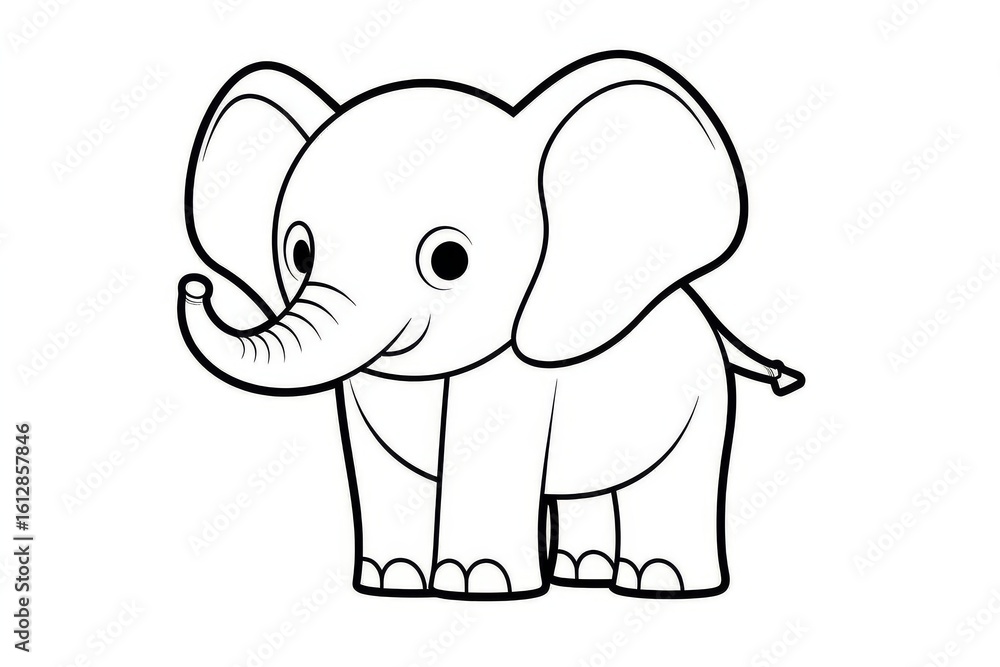Fototapeta premium Cute cartoon elephant in simple line art style with thick black outlines, minimal vector design for kids coloring book and educational children's illustrations
