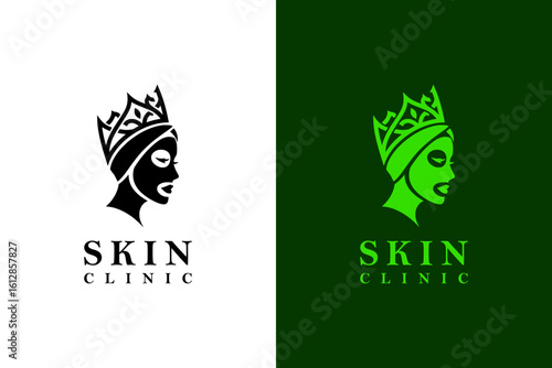 illustration of royal woman face wearing abstract facial mask, vector logo for luxury facial spa, skin clinic, skin specialist, cosmetics brand, anti aging, makeup, dermatologist, and more