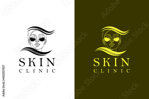 abstract woman face with eye patches illustration, icon, vector logo for skin clinic, dermatologist, makeup, cosmetics brand, luxury facial spa, anti aging, beauty, skin specialist, and more