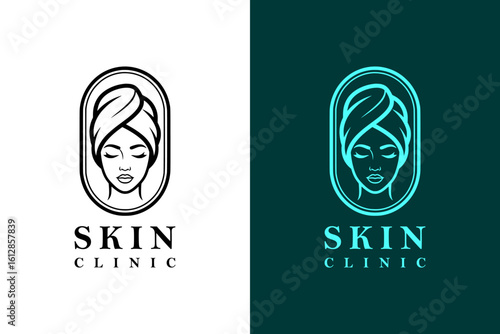 vector illustration of woman face with closed eyes wrapped in spa towel, logo for luxury facial spa, dermatologist, skin specialist, skin care, cosmetics brand, skin clinic, and more