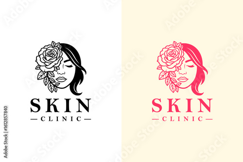 vector illustration of woman face with blooming rose on half, logo for luxury facial spa, anti aging, healthy skin, dermatologist, skin care, cosmetics brand, makeup, skin clinic, and more