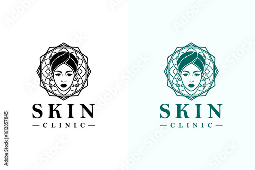 vector illustration of woman face surrounded by mandala pattern, logo for dermatologist, cosmetics brand, skin specialist, anti aging, skin care, skin wellness, skin clinic, and more