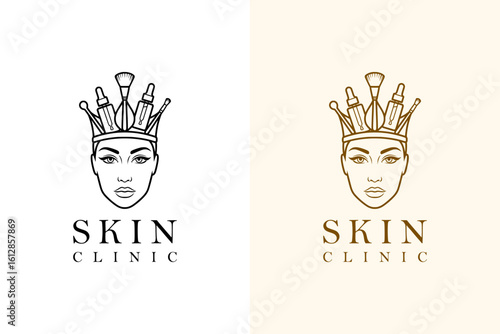 illustration of woman face with crown made of skincare tools, vector logo for cosmetics brand, skin wellness, skin clinic, dermatologist, luxury facial spa, anti aging, skin specialist, and more