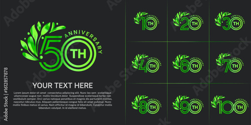 Anniversary logo type set with double line number and floral ornament. green color for celebration event