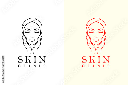 illustration of woman face with hands cupping cheeks, vector logo for skin wellness, anti aging, skin care, luxury facial spa, skin specialist, makeup, cosmetics brand, skin clinic, and more