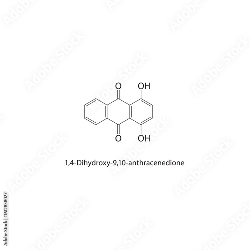 1,4-Dihydroxy-9,10-anthracenedione skeletal structure. Anthraquinone compound schematic illustration. Simple diagram, chemical formula.