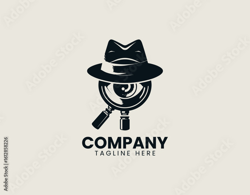 Mystery Detective Magnifying Glass Hat Investigation Vector Logo Design
