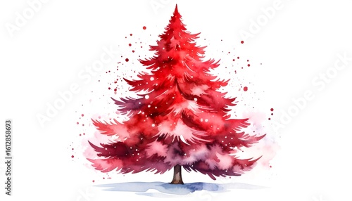 A watercolor painting of a vibrant red Christmas tree, lightly dusted with snow, set against a white background