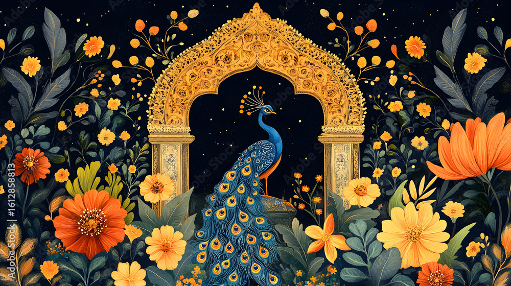 Obraz premium Floral Islamic Arch Frame with Peacocks in a Symmetrical Mughal Garden Pattern – Vector Artwork for Wedding or Festive Invitations