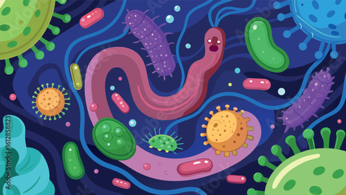 Colorful microscopic view of bacteria and viruses in a dark environment showcasing their unique shapes and interactions