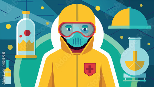 Medical professional in protective gear working in a laboratory with scientific equipment and safety measures
