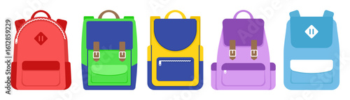 Flat vector set of colorful school backpacks in various designs and vibrant colors. Ideal for education, back to school themes, or kids-related design content.