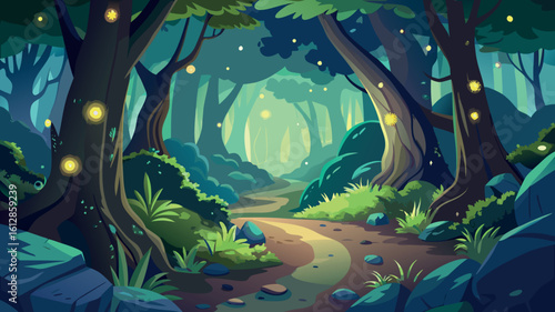 Enchanted forest path illuminated by fireflies beneath a starry night sky showcasing the beauty of nature's tranquility