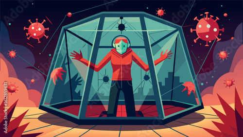 People isolate in protective dome during pandemic with floating virus icons at night