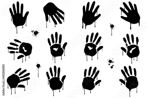 血が滴る手形と血飛沫のシルエットイラスト