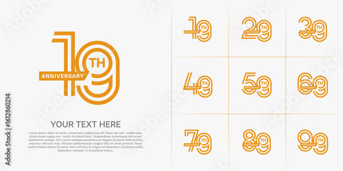 Anniversary logo type set with double line number. orange color with ribbon for celebration event