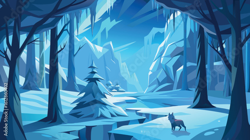 Frozen landscape with a lone wolf near icy mountains and a tranquil river in a winter wonderland