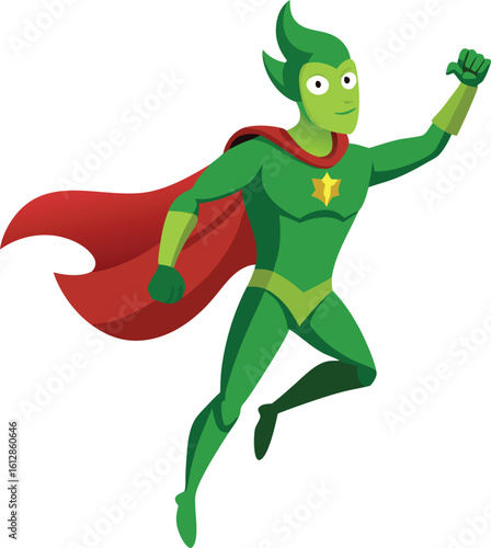 Green Superhero with Red Cape Vector