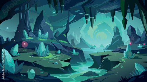 Enchanted cave with glowing crystals and mystical water under soft green light at twilight