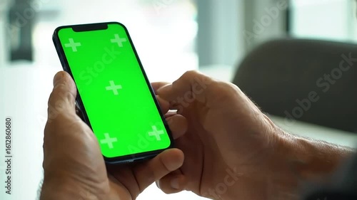 Wallpaper Mural A person's hands hold a smartphone with a vibrant green screen, showcasing a simple, clean design ideal for app demonstrations or digital mockups. Torontodigital.ca