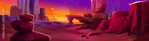 Alien planet landscape with vibrant red rocky terrain, stone formations, orange sunset sky with stars and moon, cliffs and stones in sci fi environment for space exploration game level design.