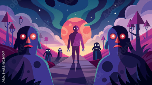 Colorful alien landscape with figures in a surreal twilight setting and a glowing planet