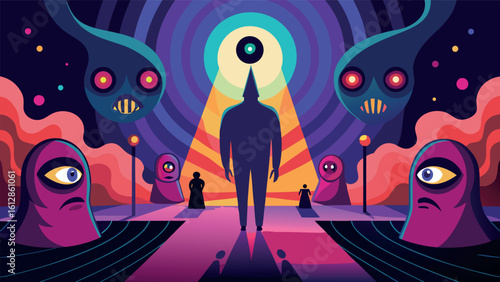 Surreal gathering of mysterious figures under radiant light in a vibrant, abstract landscape at twilight