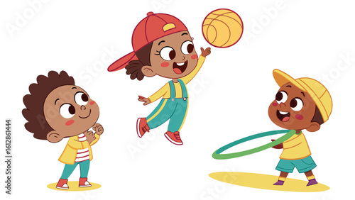 Cartoon children playing sports vector illustration kids playing basketball and hula hoop activity fun 100