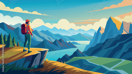 Hiker admiring scenic mountain landscape near a river during a vibrant sunset