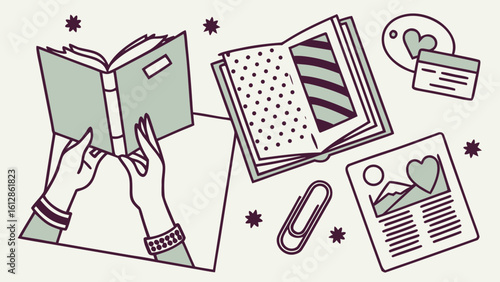 Illustration of hands reading book with journal and stationery for study and creative writing concept