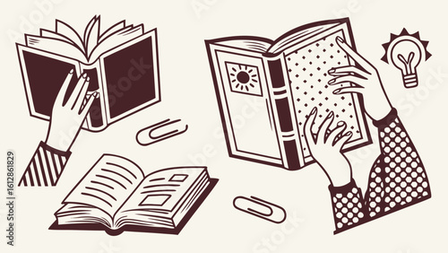 Illustration of hands reading books for education and knowledge concept with lightbulb and paperclips