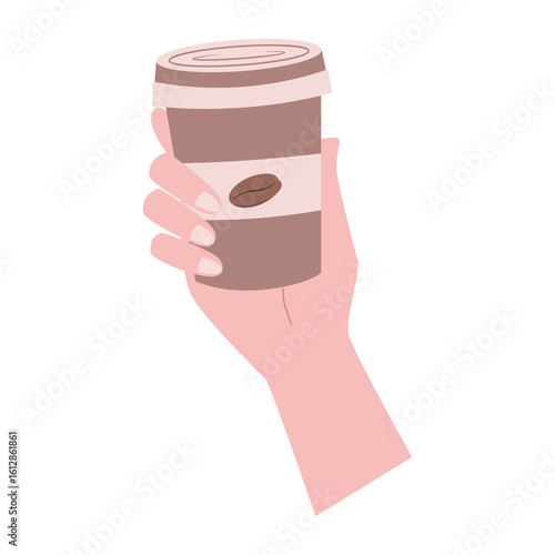 Hand holding a paper cup of coffee. Fast food vector illustration in flat style.