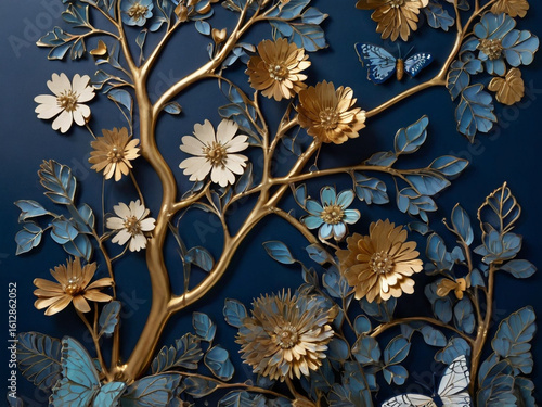Golden floral branches with blue leaves and butterflies image