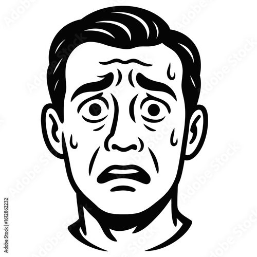 Black and White Man's Face with Beads of Sweat, Expressing Anxiety, Worry, and Nervousness