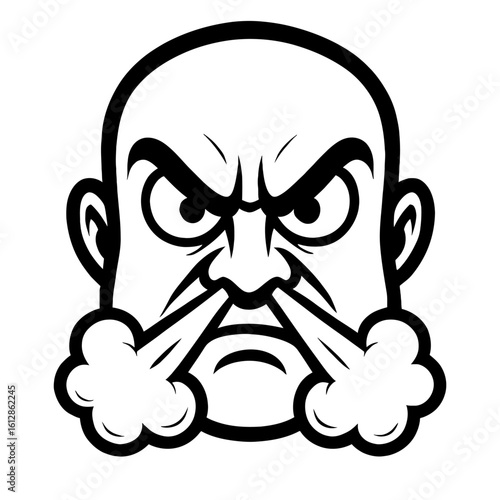 Black and White Furious Face with Steam Exiting Nostrils, Expressing Extreme Anger