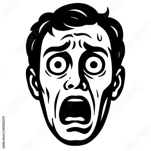Black and White Man's Face with Wide Eyes and Open Mouth Expressing Intense Fear and Horror