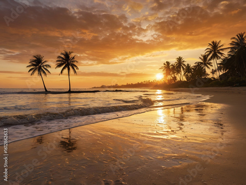 Golden sunset over tropical beach with palm trees ocean