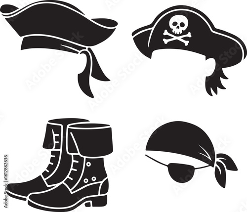 Pirate Wardrobe Silhouette Icons — Skull Hat, Bandana, Eye Patch, Boots, and Tricorn Outline
