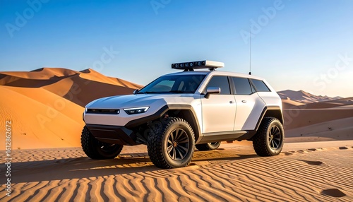 Fototapeta Naklejka Na Ścianę i Meble -  White SUV in desert dune landscape