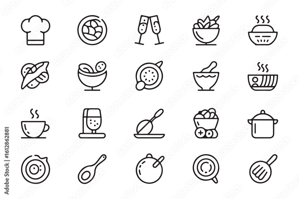 Fototapeta premium Collection of culinary line icons showcasing cooking food and dining experiences in minimalist design elements