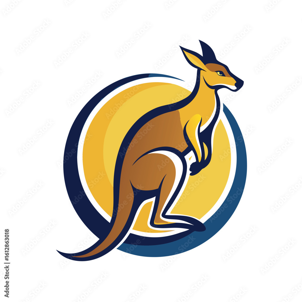 Naklejka premium Stylized kangaroo logo with circular design featuring yellow and blue colors representing energy and agility