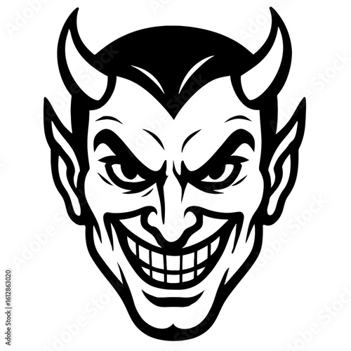 Intense Devil Head with Horns and Grinning Expression, Ideal for Mascot or Spooky Design