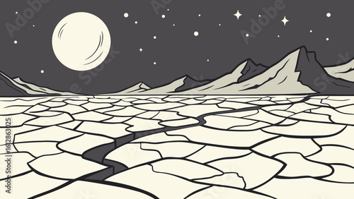 Desert landscape cracked earth under moonlight vector illustration graphic design scenery background art