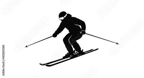 Black silhouette of skier in action isolated on white background