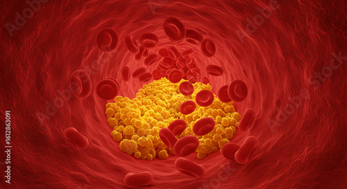 Digital rendering of atherosclerosis, depicting plaque accumulation inside a human blood vessel.

