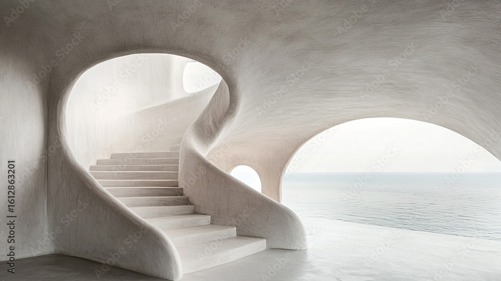 Obraz premium Serene, minimalist spiral staircase with oceanic backdrop, evoking calmness and architectural elegance