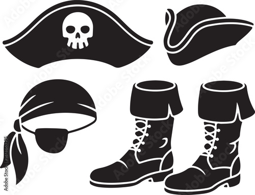 Swashbuckler Costume Icons in Solid Style — Pirate Hat with Skull, Eye Patch, Boots, Bandana, and Seafarer Attire